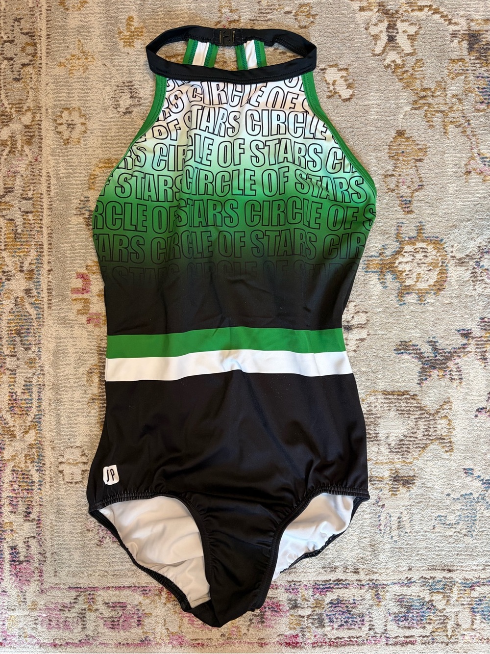 Sylvia P Green and Black Circle of Stars High Neck Halter Leotard
